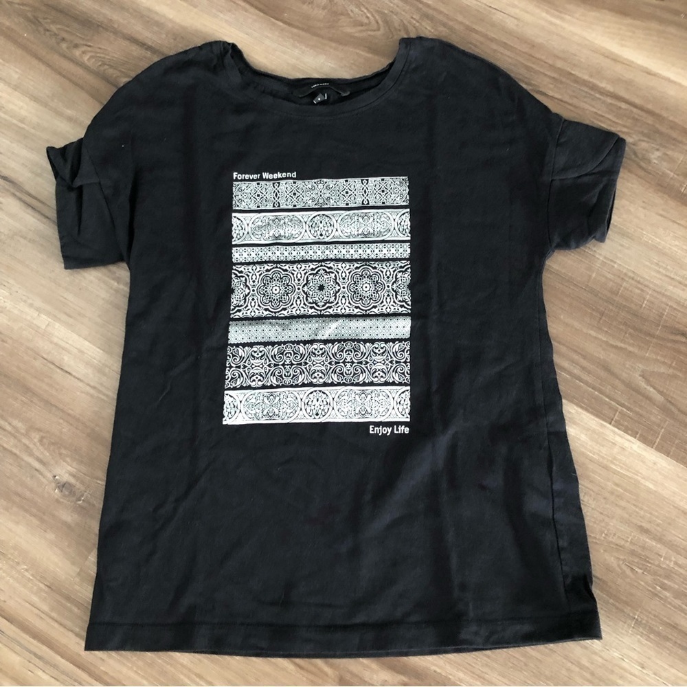 Vera Moda Black Silver Graphic Drop Shoulder Tapered Sleeve T-shirt Women Small